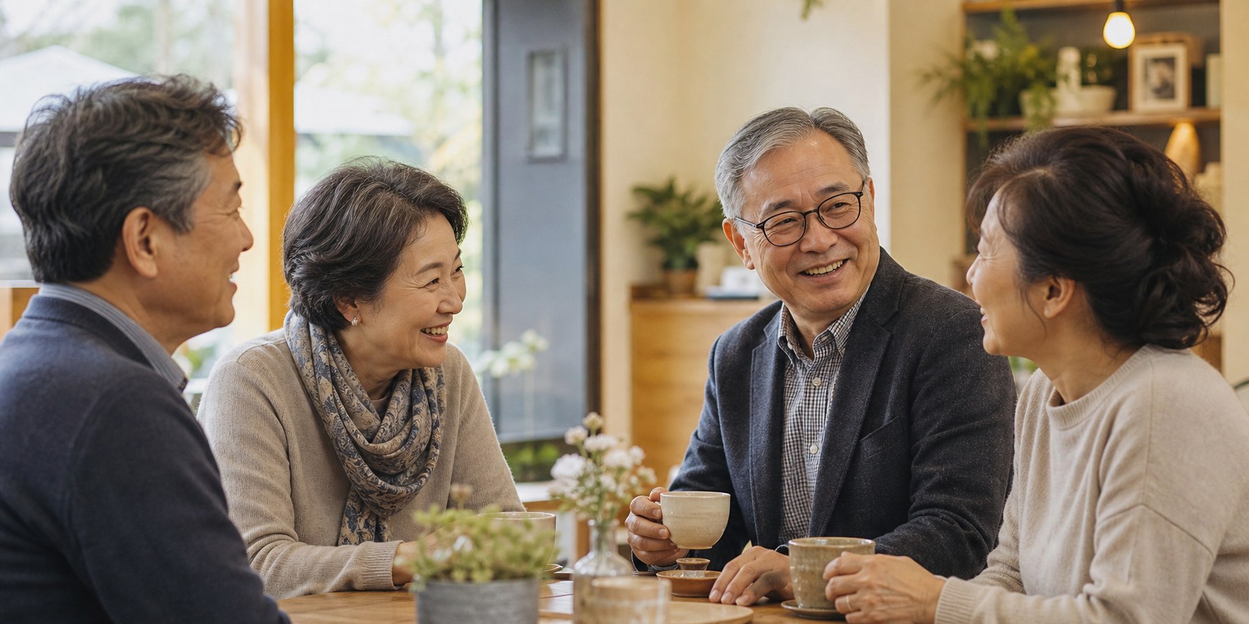 카페에서 차를 마시며 편안하게 대화하는 50대 이상 한국인 남녀